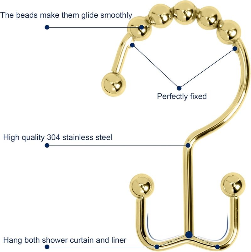Gidse Shower Curtain Hooks,Sturdy Stainless Steel Double Sided Shower Hooks Rings for Bathroom Shower Curtain Rods Curtains Set of 12 Hooks - Gold - Image 3